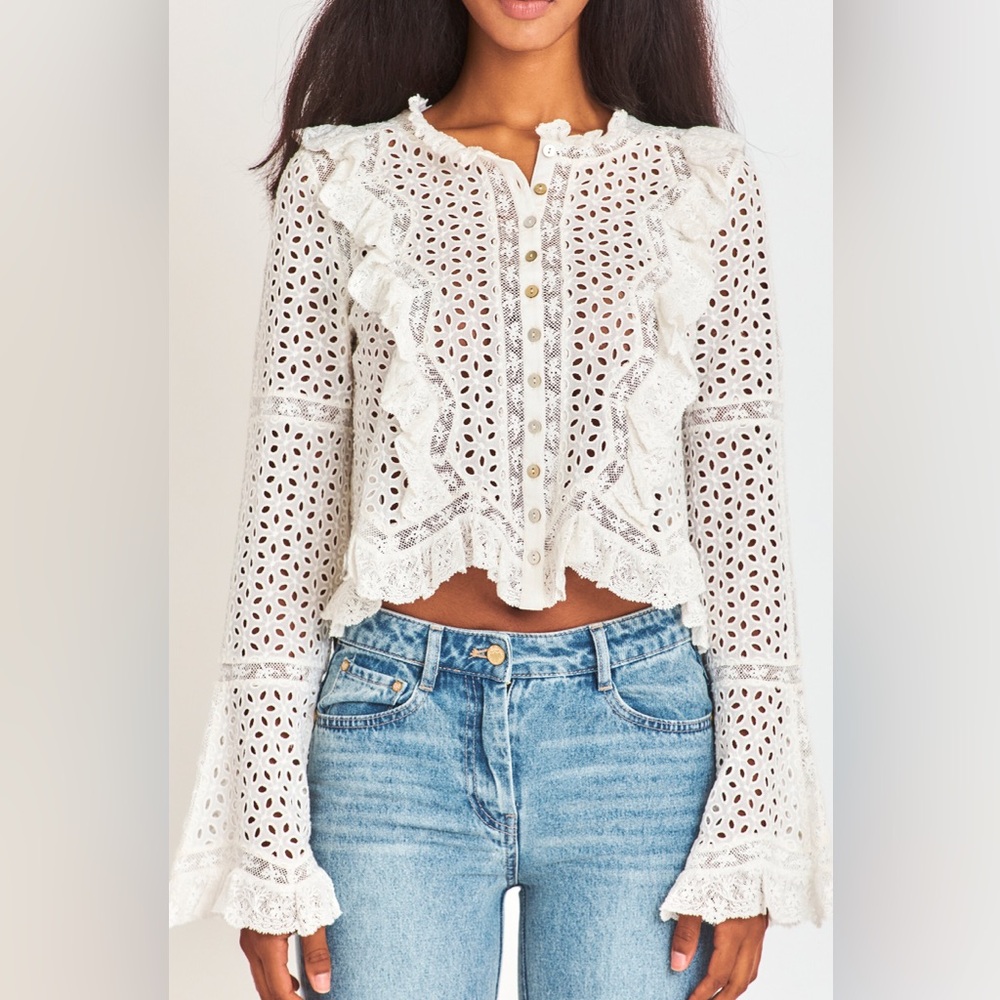 LoveShackFancy Brightlin Ruffled Cotton Voile Blouse